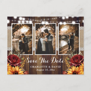 Sunflower Red Rose Rustic Wood Wedding Photo Announcement Postcard