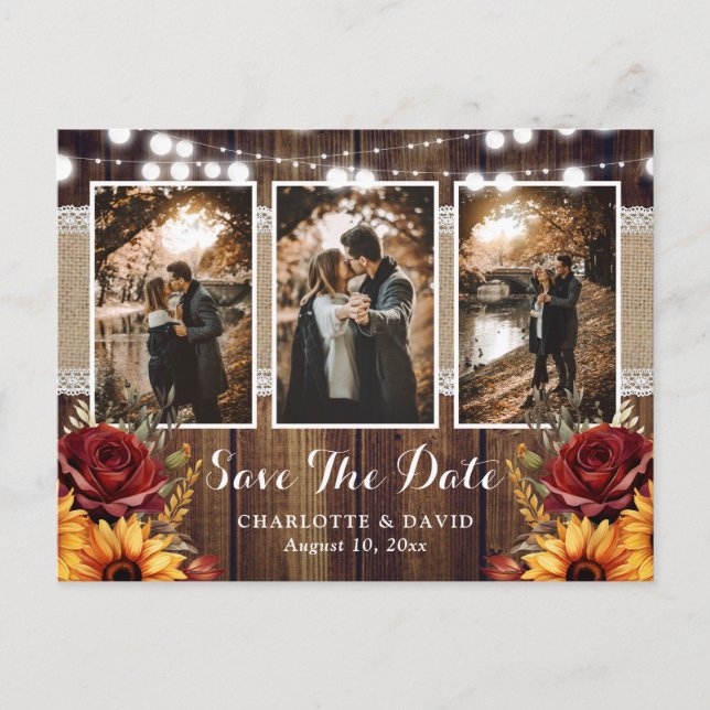 Sunflower Red Rose Rustic Wood Wedding Photo Announcement Postcard (Front)