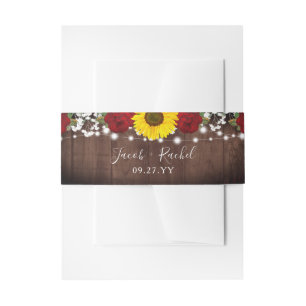Sunflower Red Roses Mason Jar Lights Wedding Invitation Belly Band