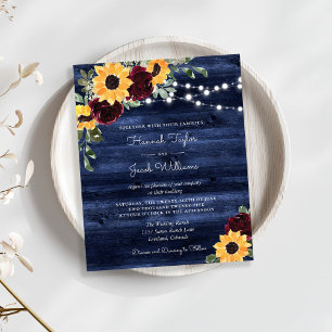 Sunflower Red Roses Navy Budget Wedding Invitation