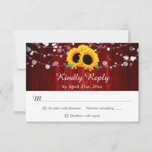 Sunflower Red Rustic Wood String Lights Wedding RSVP Card