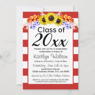 Sunflower Red Stripe Graduation Party Invitation