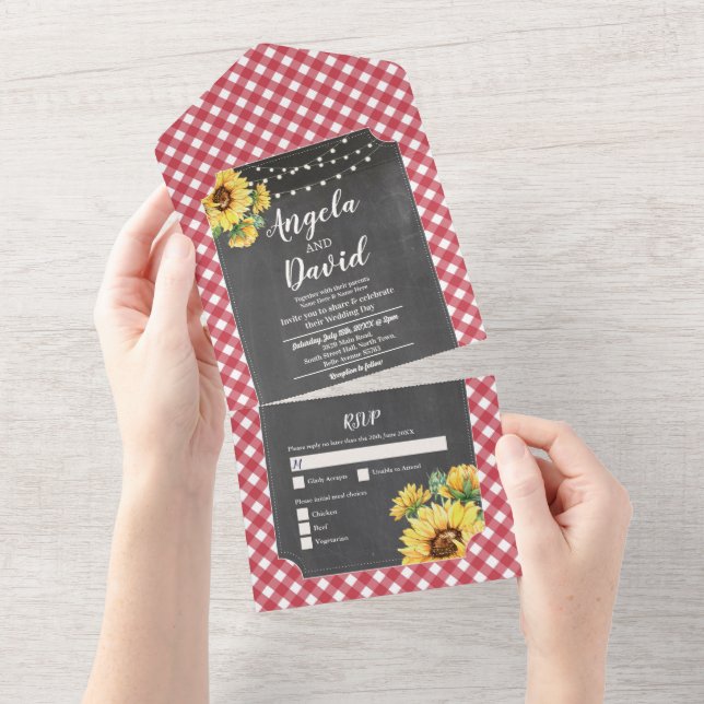 Sunflower Red White Gingham Wedding Invite & RSVP (Tearaway)