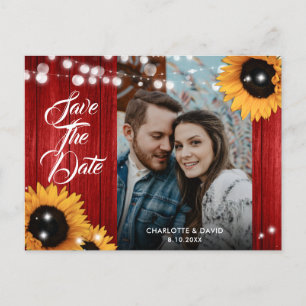 Sunflower Red Wood Wedding Photo Save The Date Announcement Postcard