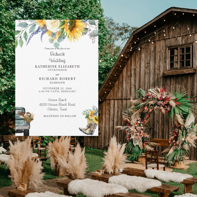 Sunflower Redneck Wedding Cowboy Boots & Hat Invitation (Creator Uploaded)
