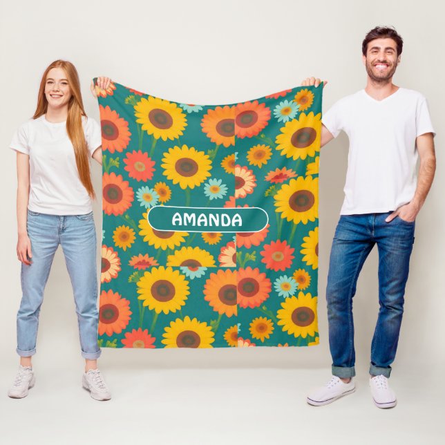Sunflower Retro Colourful Personalised Pattern Fleece Blanket (In Situ)