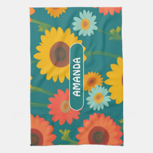 Sunflower Retro Colourful Personalised Pattern Tea Towel
