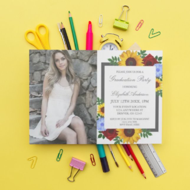 Sunflower Rose Blue Floral Graduation Party Invitation (Creator Uploaded)