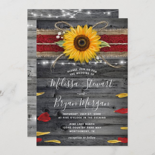 Sunflower Rose Burgundy Lace Rustic Wood Wedding Invitation (Front/Back)