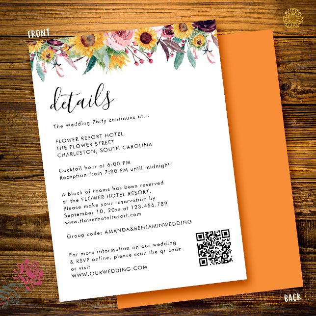 Sunflower Rose Burgundy Rustic QR Code Wedding Enclosure Card (Creator Uploaded)