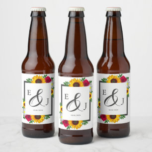 Sunflower Rose Daisy Autumn Floral Wedding Beer Bottle Label