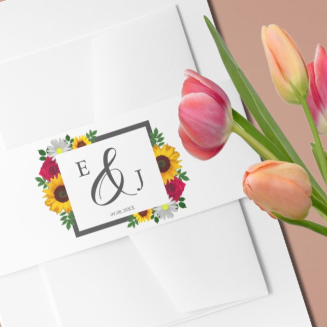 Sunflower Rose Daisy Autumn Floral Wedding Invitation Belly Band (Creator Uploaded)