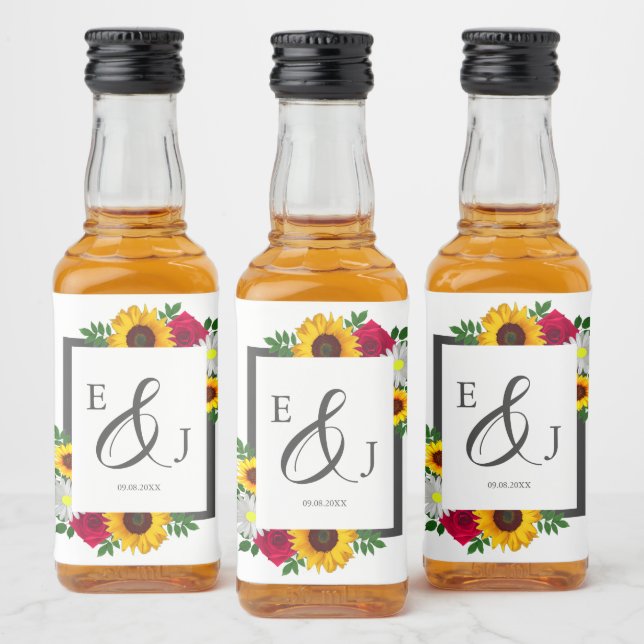 Sunflower Rose Daisy Autumn Floral Wedding Liquor Bottle Label (Bottles)