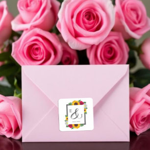 Sunflower Rose Daisy Autumn Floral Wedding Square Sticker