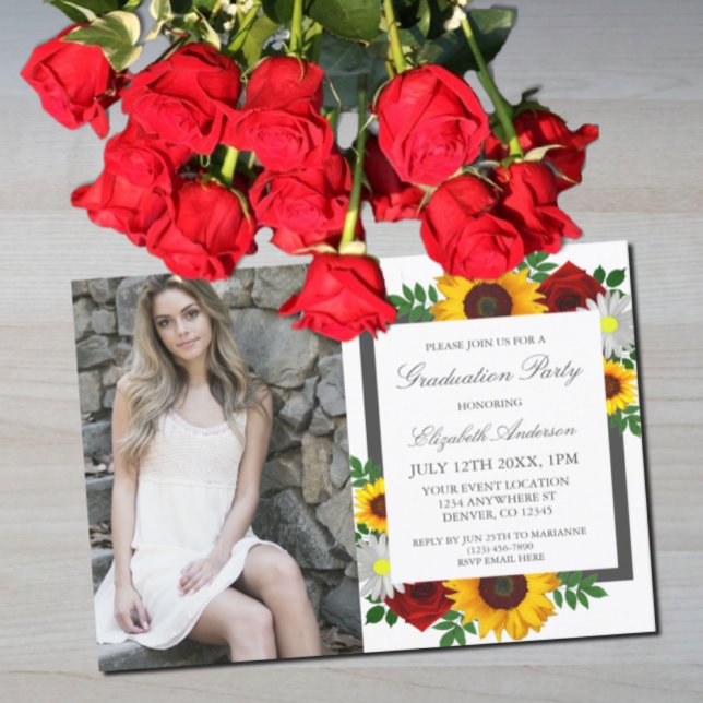 Sunflower Rose Daisy Floral Graduation Party Invitation (Creator Uploaded)