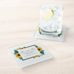 Sunflower Rose Daisy Floral Wedding Glass Coaster