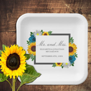 Sunflower Rose Daisy Floral Wedding Paper Plate