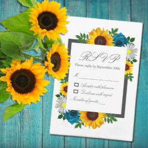Sunflower Rose Daisy Floral Wedding RSVP Card