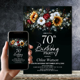 Sunflower Rose Floral Black 70th Birthday Party Invitation