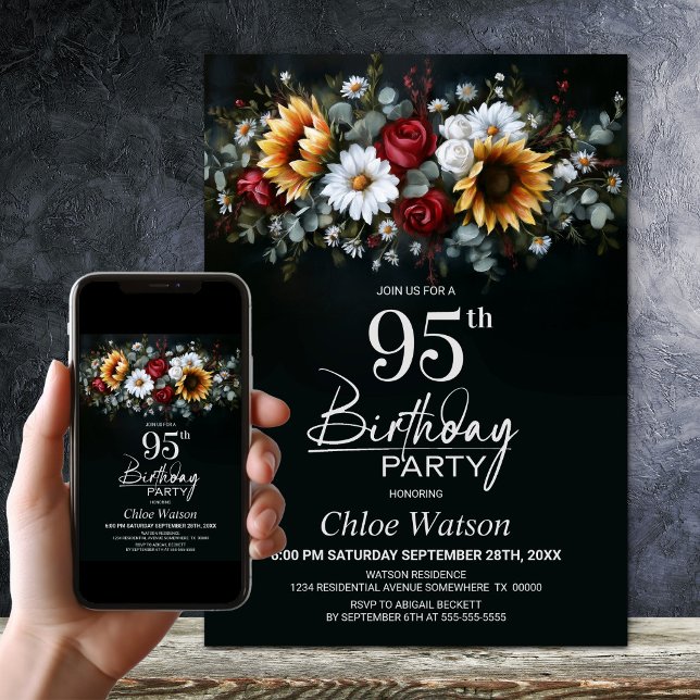 Sunflower Rose Floral Black 95th Birthday Party Invitation (Creator Uploaded)