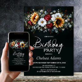 Sunflower Rose Floral Black Any Age Birthday Party Invitation