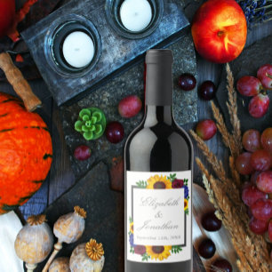 Sunflower Rose Floral Wedding Wine Label