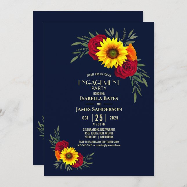 Sunflower Rose Navy Blue Engagement Party Invitation (Front/Back)