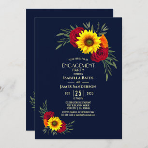 Sunflower Rose Navy Blue Engagement Party Invitation