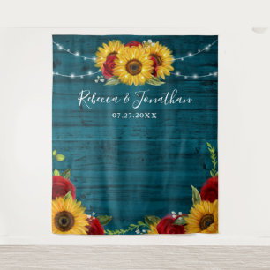 Sunflower Rose Teal Wood Rustic Wedding Backdrop Tapestry