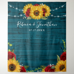 Sunflower Rose Teal Wood Rustic Wedding Backdrop Tapestry
