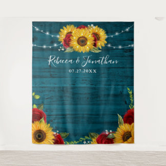 Sunflower Rose Teal Wood Rustic Wedding Backdrop Tapestry
