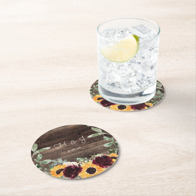 Sunflower Roses Barn Wood Monogram Wedding Round Paper Coaster (Insitu)