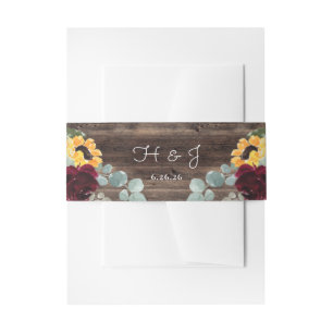 Sunflower Roses Barn Wood Rustic Wedding Invitation Belly Band