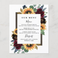 Sunflower Roses Burgundy Navy Blue Wedding Menu