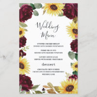 Sunflower Roses Burgundy Red Wedding Menu Cards