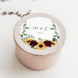 Sunflower Roses Eucalyptus Monogram Wedding Favour Classic Round Sticker
