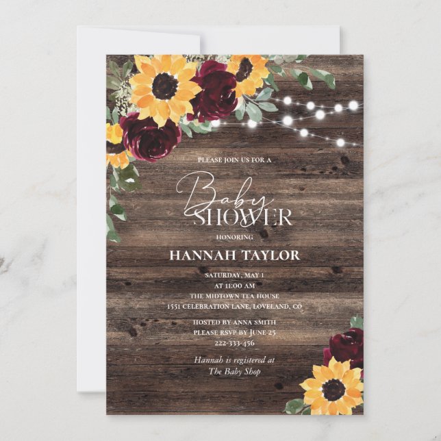 Sunflower Roses Floral Wood Baby Shower Invitation (Front)