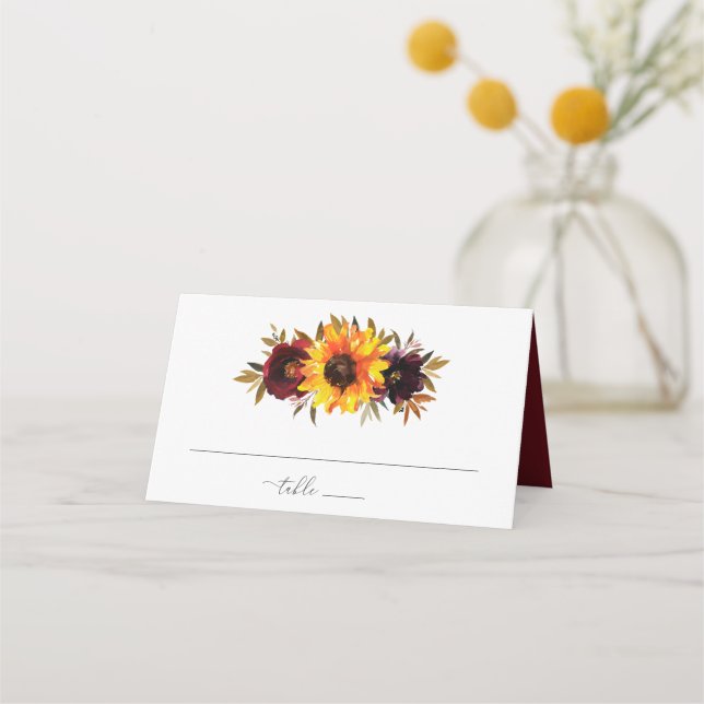 Sunflower Roses Red Purple Rustic Fall Wedding Place Card (Front)