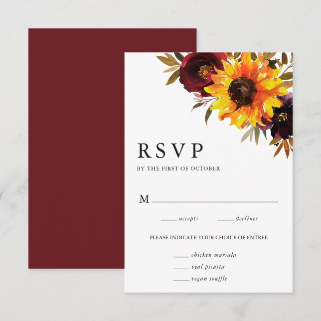 Sunflower Roses Rustic Fall Meal Wedding RSVP Card (Front/Back)