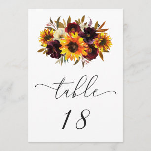 Sunflower Roses Rustic Fall Wedding Table Number