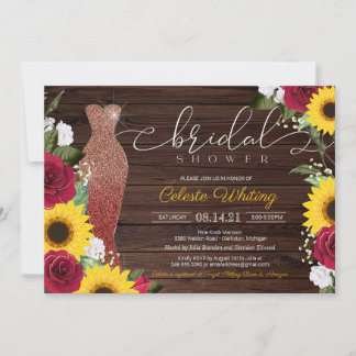 Sunflower Roses Rustic Glam Bridal Shower Dress Invitation
