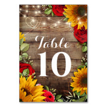 Sunflower & Roses Rustic Wedding Table Numbers