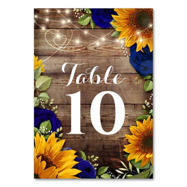 Sunflower & Roses Rustic Wedding Table Numbers (Front)