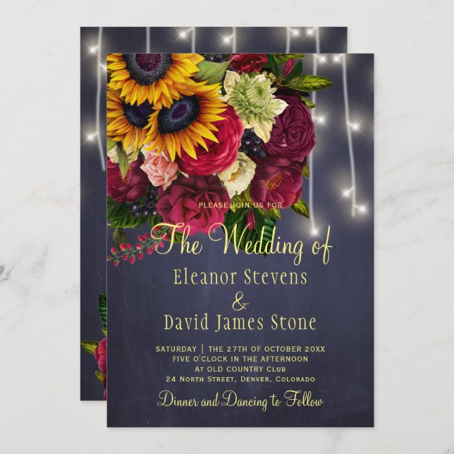 Sunflower roses rustic winter lights navy wedding invitation (Front/Back)