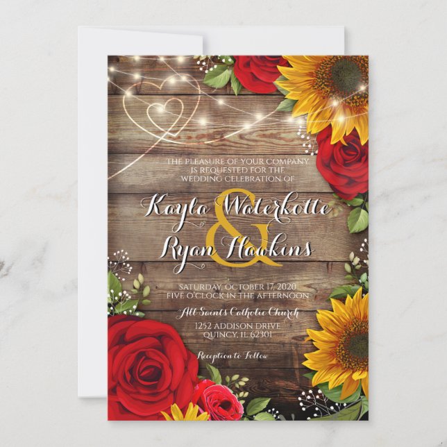 Sunflower & Roses Rustic Wood Lights Invitation (Front)
