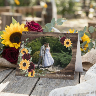 Sunflower Roses Rustic Wood Wedding Photo Thank You Card