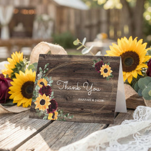 Sunflower Roses Rustic Wood Wedding Thank You Card