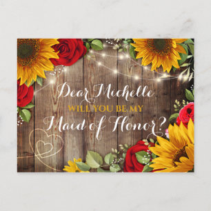 Sunflower & Roses Will You Be My Maid of Honour Announcement Postcard