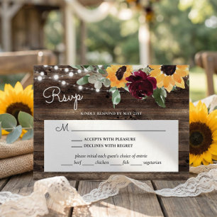 Sunflower Roses Wood Wedding With Meal Choice RSVP Card