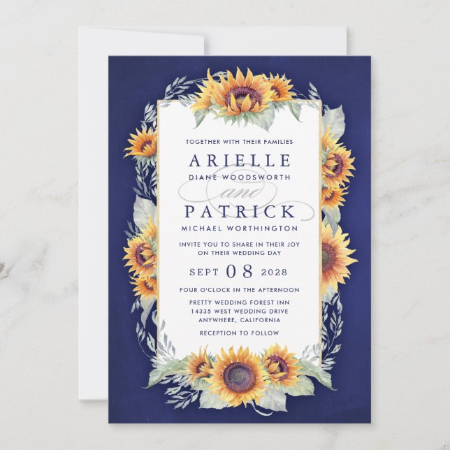 Sunflower Royal Blue Rustic Wedding Invitations (Front)